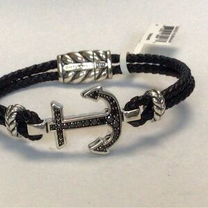 David Yurman Anchor Station Bracelet with Black Leather and Black Diamonds NWT